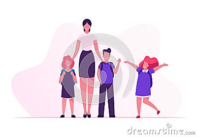 Young Smiling Woman Teacher and Group of Kids Stand in Row in Classroom. Elementary School Class, Preschool Studying Vector Illustration