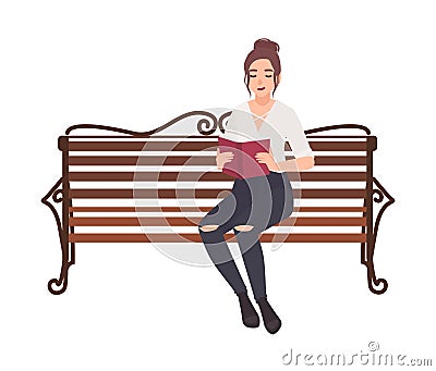Young smiling women dressed in casual clothes sitting on bench and reading book. Smart girl spending time outdoors Vector Illustration