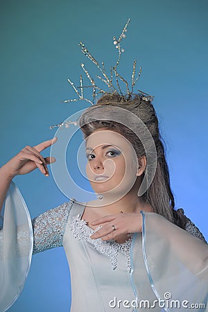Young snow queen princess. Beautiful snowy hairstyle. Decollete Stock Photo