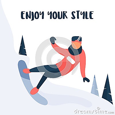 Young snowboarder. Mountain sports activity. Vector Illustration