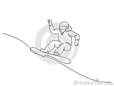 Young snowboarder man ride fast snowboard at snowy mountain. Vector Illustration