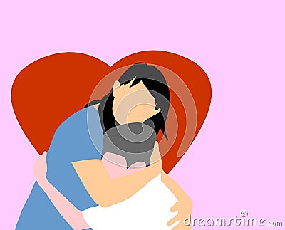 Young son hugging mother with red heard background Stock Photo