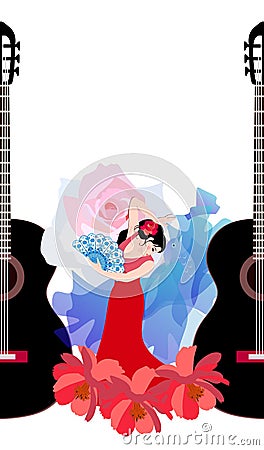 Young Spanish girl in red dress, with rose in her hair and with fan in her hand dancing flamenco. Vector Illustration