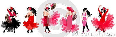 Young Spanish and gypsy girls in various costumes dance flamenco isolated on a white background. Great collection Vector Illustration