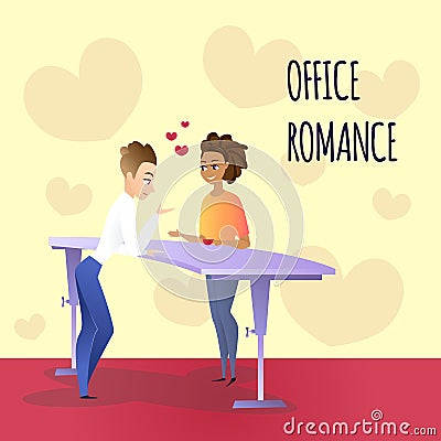 Office Romance Between Young Man and Woman at Work Vector Illustration