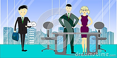 A young specialist his boss and secretary. businessman and woman startup new business project. yong businessman with briefcase. v Vector Illustration