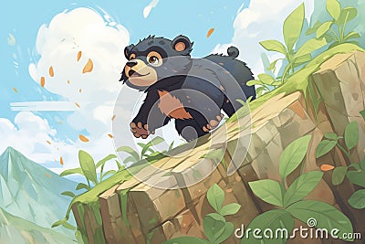 young spectacled bear climbing up a steep hill Stock Photo