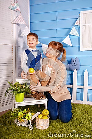 Young speech therapist teaching little boy with voice problems Stock Photo