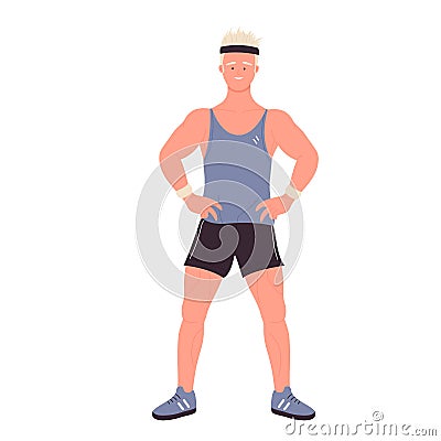 Young sport fitness man character, athlete smiling isolated on white Vector Illustration