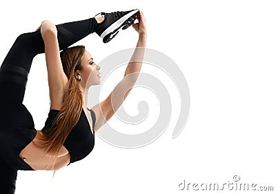 Young sport woman gymnastics doing stretching fitness exercise workout isolated on a white Stock Photo