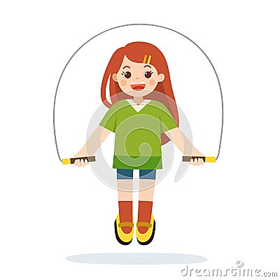 Young sportive girl doing exercises with jumping rope. Vector Illustration