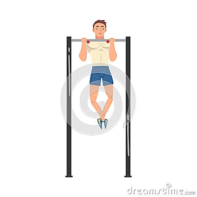 Young Sportsman Making Pull-ups in Gym Vector Illustration Vector Illustration