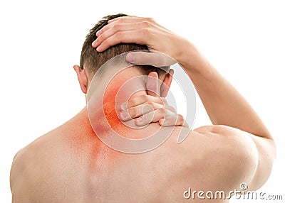 Young Sportsman with Pain in Neck isolated on white Stock Photo