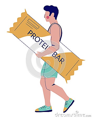Young sportsman with perfect body walking with protein bar Vector Illustration