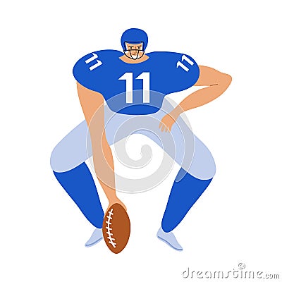 Young sportsman in special blue protective uniform playing rugby Vector Illustration