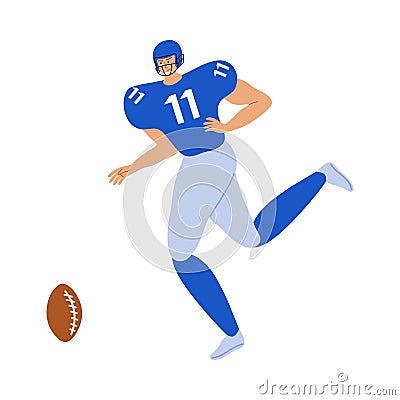 Young sportsman in special blue uniform running and playing rugby with brown ball Vector Illustration