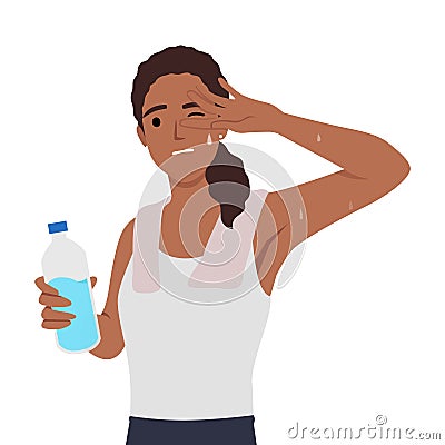 Young sporty woman drinking water and wiping sweat with a towel after workout. Healthy lifestyle concept Cartoon Illustration