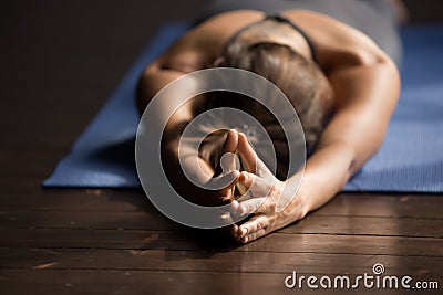 Young sporty woman doing breathing exercise, close up Stock Photo