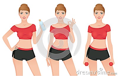 Young sporty woman in sportswear in different poses Vector Illustration