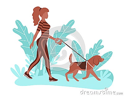 Young sporty woman walking with her dog Vector Illustration