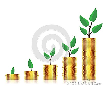 Young sprout from a pile of Many Gold Coins Vector Illustration