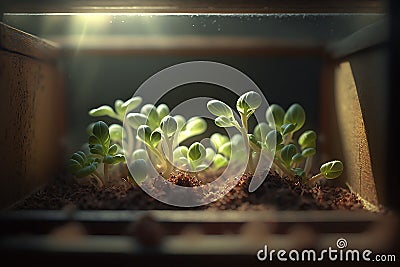 Young sprouts growing in small indoor greenhouse in spring Stock Photo