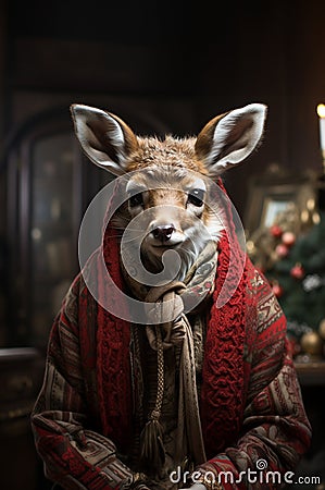 Young stag as a Christmas character wearing a sweater with Christmas motives Stock Photo