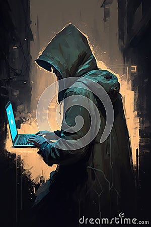 young street hacker in a long coat, typing on a laptop digital art poster AI generation Stock Photo