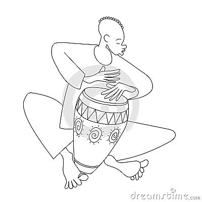 a young street musician plays a rhythmic melody on a conga drum decorated with an African pattern Vector Illustration