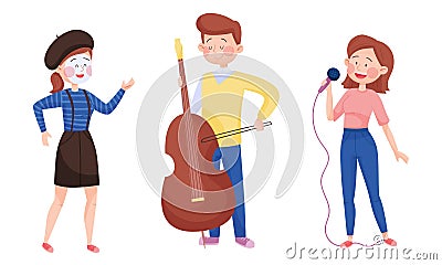 Young Street Performers with Boy Playing Cello and Girl Miming Vector Set Vector Illustration