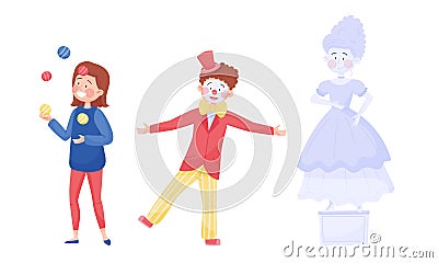 Young Street Performers with Girl Juggling with Balls and Boy in Clown Costume Vector Illustrations Set Vector Illustration