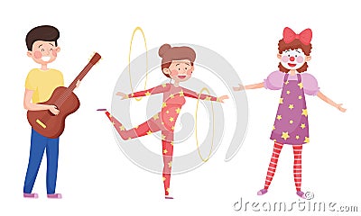 Young Street Performers with Girl Juggling with Hoola Hoop and Boy Playing Guitar Vector Set Vector Illustration