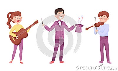 Young Street Performers with Girl Playing Guitar and Boy Performing Trick Vector Illustrations Set Vector Illustration