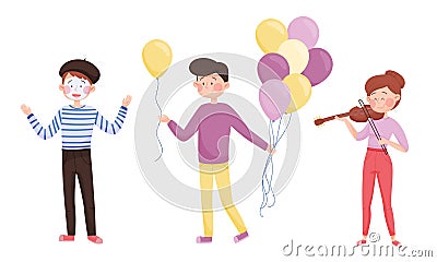 Young Street Performers with Girl Playing Violin and Boy Miming Vector Set Vector Illustration