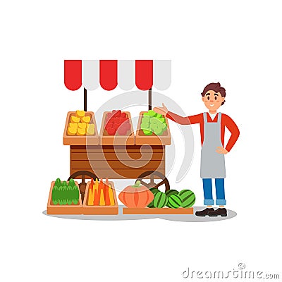 Young street vendor selling fresh fruits and vegetables. Local farmers market. Flat vector design Vector Illustration
