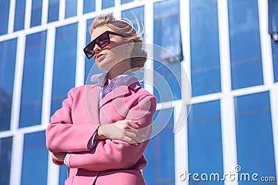 Young street woman hugging hersel outdoor Stock Photo