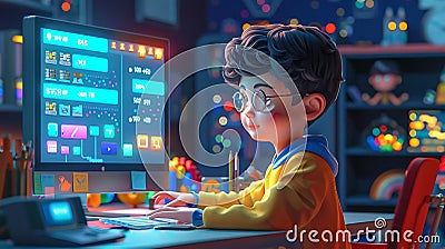 A young student is absorbed in an educational program on a computer, surrounded by vibrant, colorful graphics Stock Photo