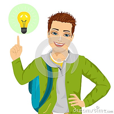 Young student boy pointing finger to light bulb having an idea Vector Illustration