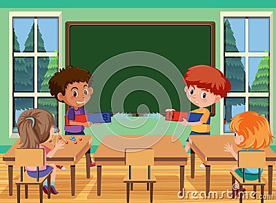 Young student doing magnet experiment in the classroom scene Vector Illustration