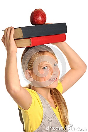 Young Student Girl with Books and Apple Stock Photo