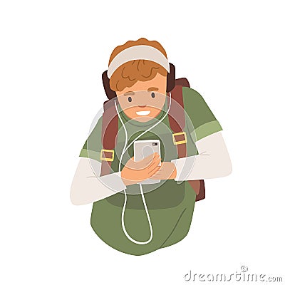 Young student in headphones listening to music using mobile phone. Happy teenager holding smartphone and looking at Vector Illustration