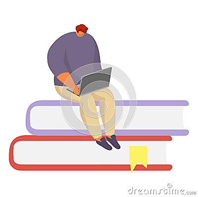 Young student male character laptop sitting book stack, concept person knowledge acquisition cartoon vector illustration Vector Illustration