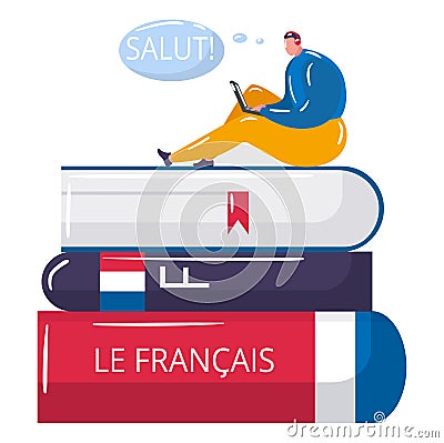 Young student online learning french language, tiny male character sitting book stack cartoon vector illustration Vector Illustration