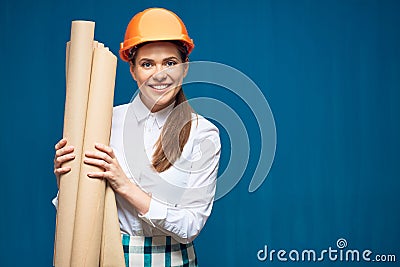 Young student woman architect holding paper plans, blueprints Stock Photo