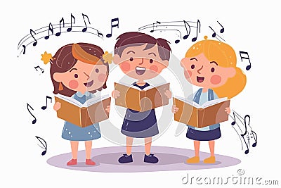 Young students with books harmonize in school chorus. Small children holding textbooks perform onstage. Music, recital. Vector Vector Illustration