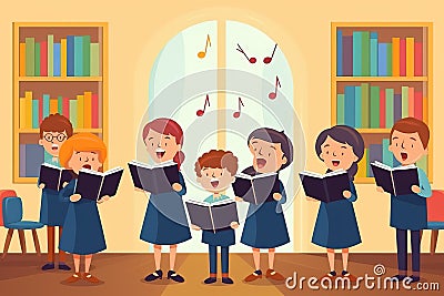 Young students with books harmonize in school chorus. Small children holding textbooks perform on stage. Stock Photo