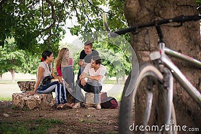 Young students doing homework in college park Stock Photo