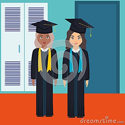 Young students graduated girls diversity characters Vector Illustration