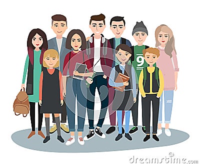 Young students group. School community. Vector illustration of a flat design. stylish girsl and boys. Hipster students Vector Illustration