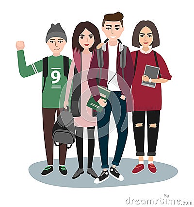 Young students group. Vector illustration of a flat design. stylish girl and boy. Hipster students. Trendy youth Vector Illustration